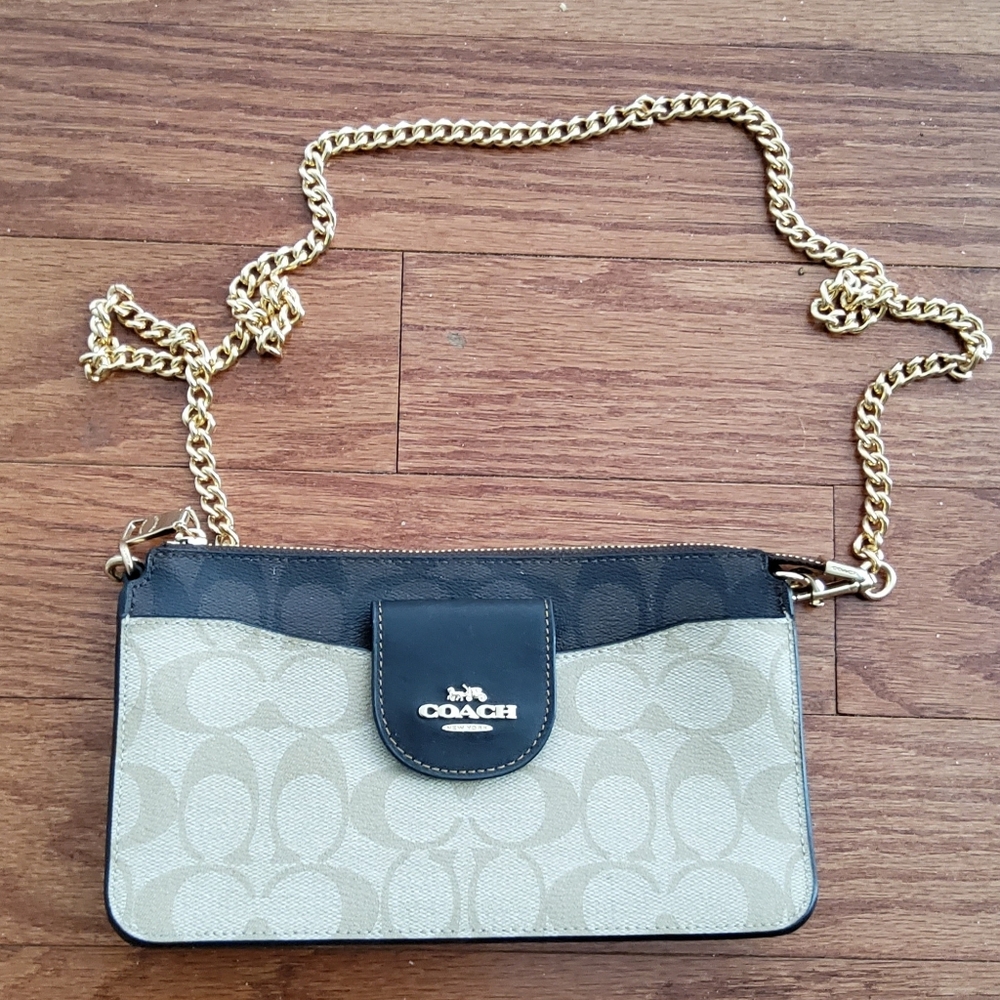 Coach Tan and Black Wristlet with Gold Chain